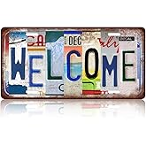 Vintage Welcome Metal Tin Sign License Plate Wall Decor for Home 12 x 6 Inches