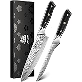 KYOKU Knife Set, Shogun Gin Series 2pc Japanese Style Kitchen Knife Set, 7" Boning 8" Chef Knife with Silver Ion Blade Sheath Gift Box, Sharp Damascus Stainless Steel Knives for Meat Vegetable