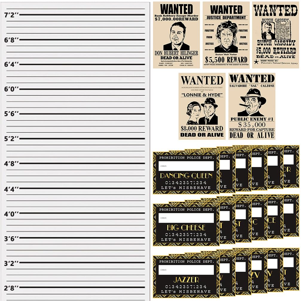 musykrafties Roaring 20s Mug Shot Photo Booth Props, Height Chart Backdrop, Wanted Sign Posters Pack 26-Count