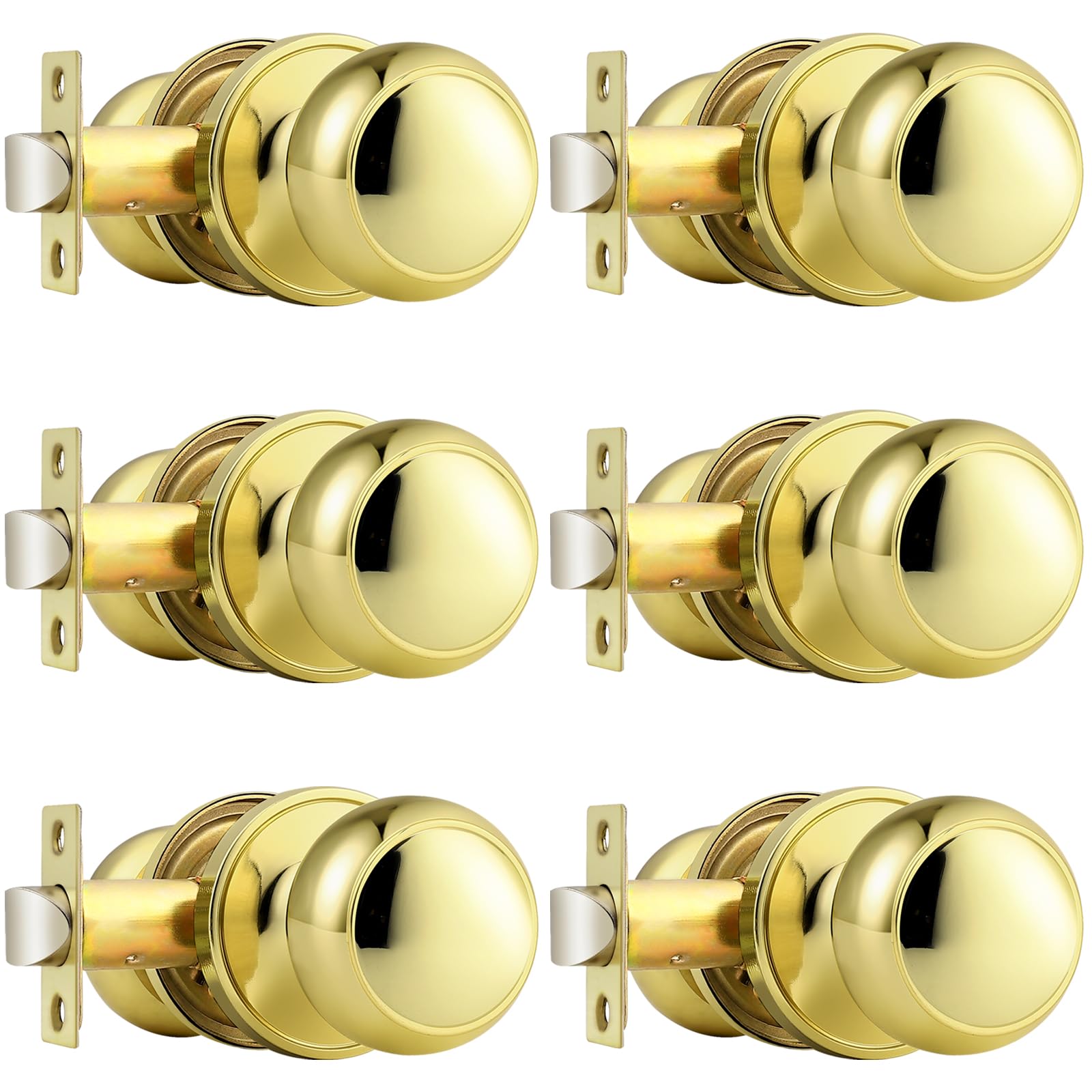 Probrico Passage Door Knobs Polished Brass Interior Hall/Closet Door Handles Keyless Locksets, 6 Pack Image