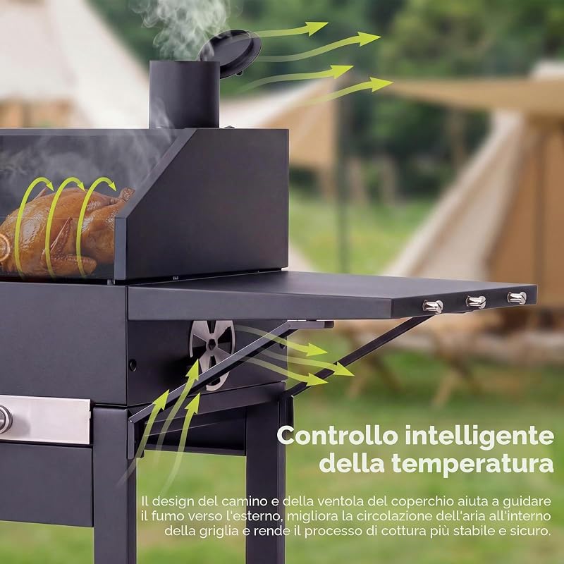 Barbecue a carbone con coperchio e copertura, Grill 2 in 1 compatto per balcone, Termometro integrato, Griglia mantenimento, Protezione esterno e facile da riporre