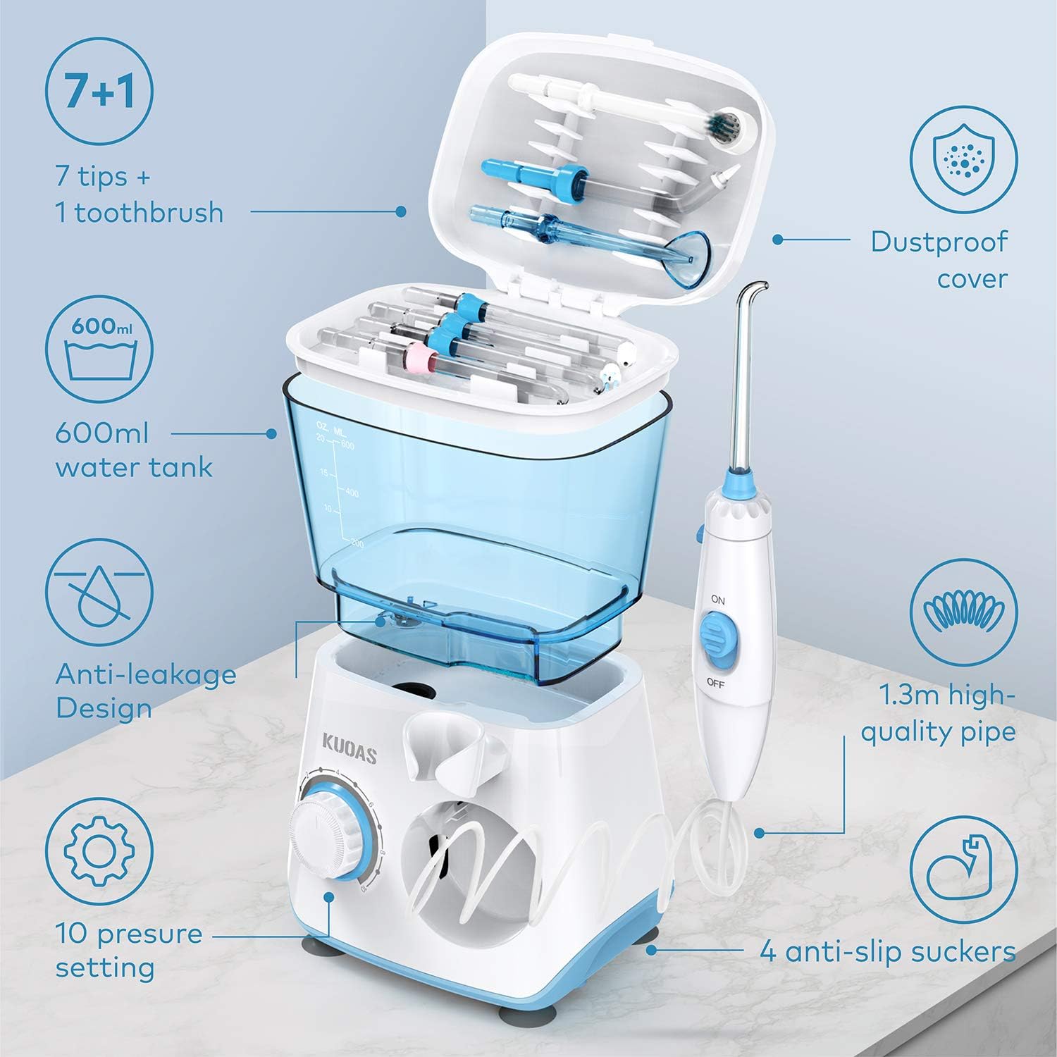 Water Dental Flosser, KUOAS Water Dental Flossers for Teeth with 600ml Capacity and 8 Multifunctional Tips , 10 Pressure Countertop Water Power Flossers for Braces (White): Health & Personal Care