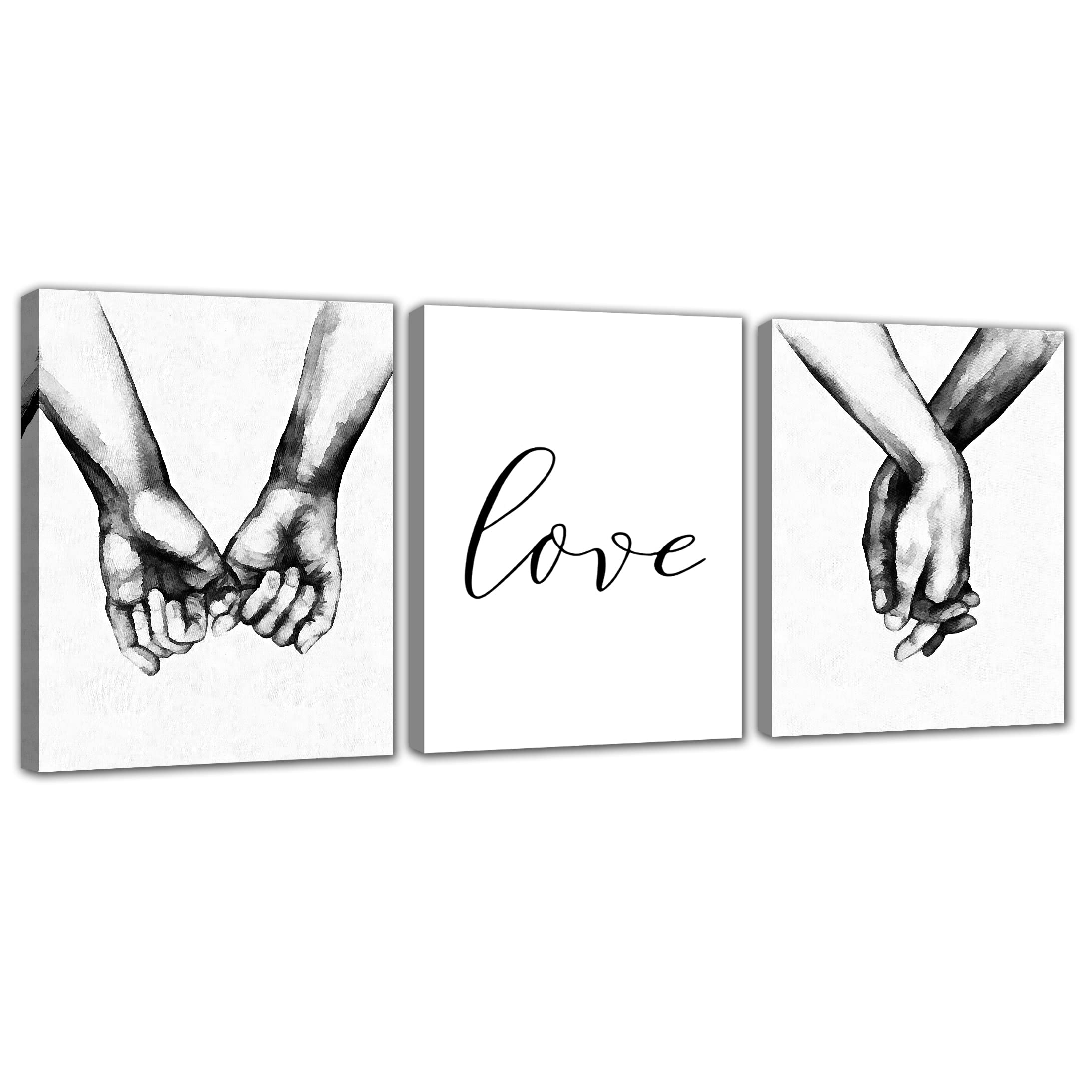 BLUE RED CYAN Black & White Love Prints Hand In Hand Wall Art Framed 3 Pieces Aesthetic Pictures Minimalist Shadow Love Artwork 12x16 Inches Decoration Couples Paintings Home Room Bedroom Decor