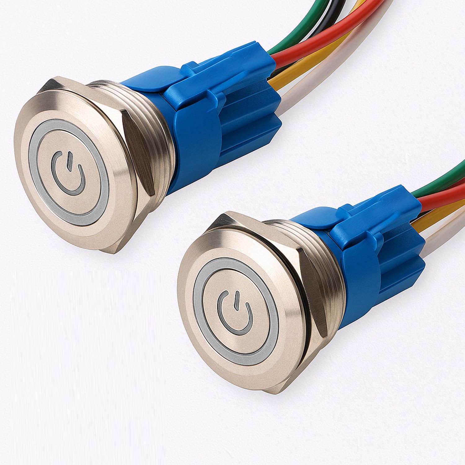 Gebildet 2 Pieces 0.87''/22mm Stainless Steel Latching Push button Switch 12V-24V 5A Power Symbol LED 1NO1NC SPDT ON/OFF Waterproof Toggle Switch with Wire Socket Plug (White LED)