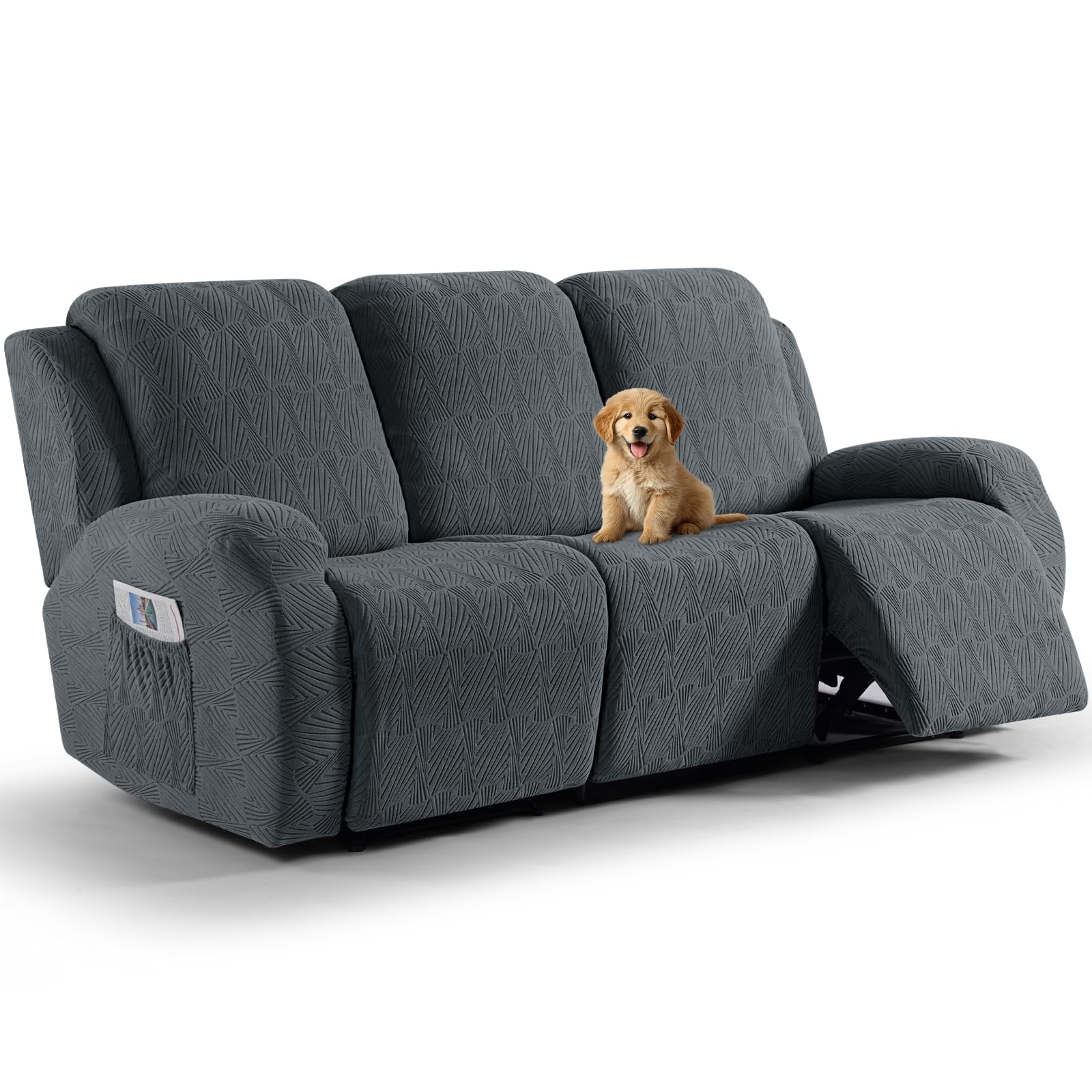 Photo 1 of VANSOFY Recliner Couch Cover, 8-Pieces Stretch Recliner Sofa Cover Soft Jacquard Reclining Slipcover Furniture Protector with Elastic Bottom for Kid, Pets(3 Seat,Dark Gray)