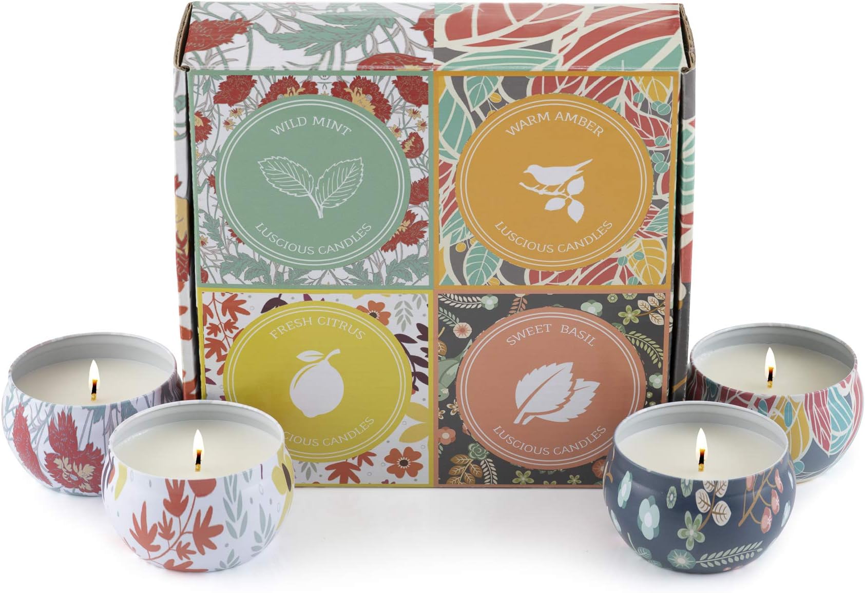 Luscious Scented Aromatherapy Candle gift set Vegan pure Soy wax smokeless and eco friendly with Travel Tin 4 Pack (4 * 120g) 140 Hours Burning Time (Mandarin, Vanilla, Lavender, Amberwood)