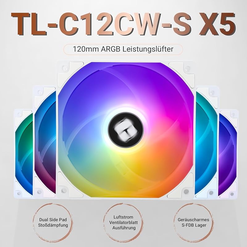Termalright TL-C12CW-S X5 ventoinha de 120mm ARGB, ventoinha silenciosa da caixa de arrefecimento PWM com rolamentos S-FDB, ventoinha até 1550rpm, ventoinha PC, pacote de
