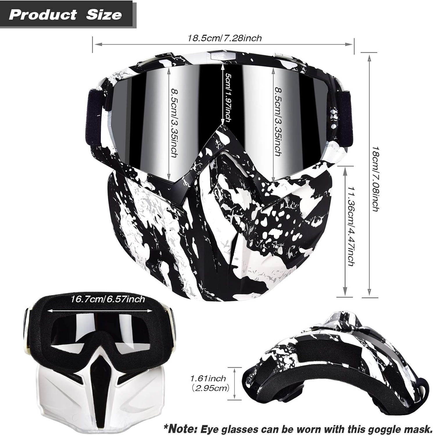BOLLFO Motorcycle Goggle Mask, Protective Glasses with Detachable Mask for Cycling, Skiing, Paintball, Riding, Halloween Adjustable Windproof Outdoor Anti-Fog Face Mask (White & Black Frame): Sports & Outdoors