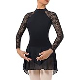 BAKPH Women's Turtleneck Dance Leotard With Skirt Adult Lace Long Sleeve Ballet Dress