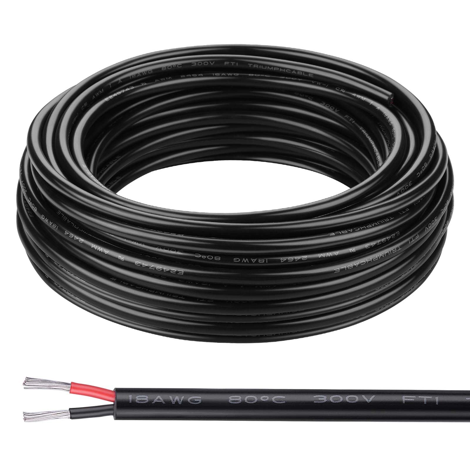 18 Gauge 2 Conductor Electrical Wire iGreely 18AWG Electric Cable 50 ft Oxygen Free Stranded Tinned Copper Wire High Temperature Resistance Soft and Flexible