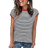 Kopinma Cap Sleeve Tops for Women Summer Striped Short Sleeve Sweater Top Crew Neck Sleeveless Vest Spring Going Out Shirts