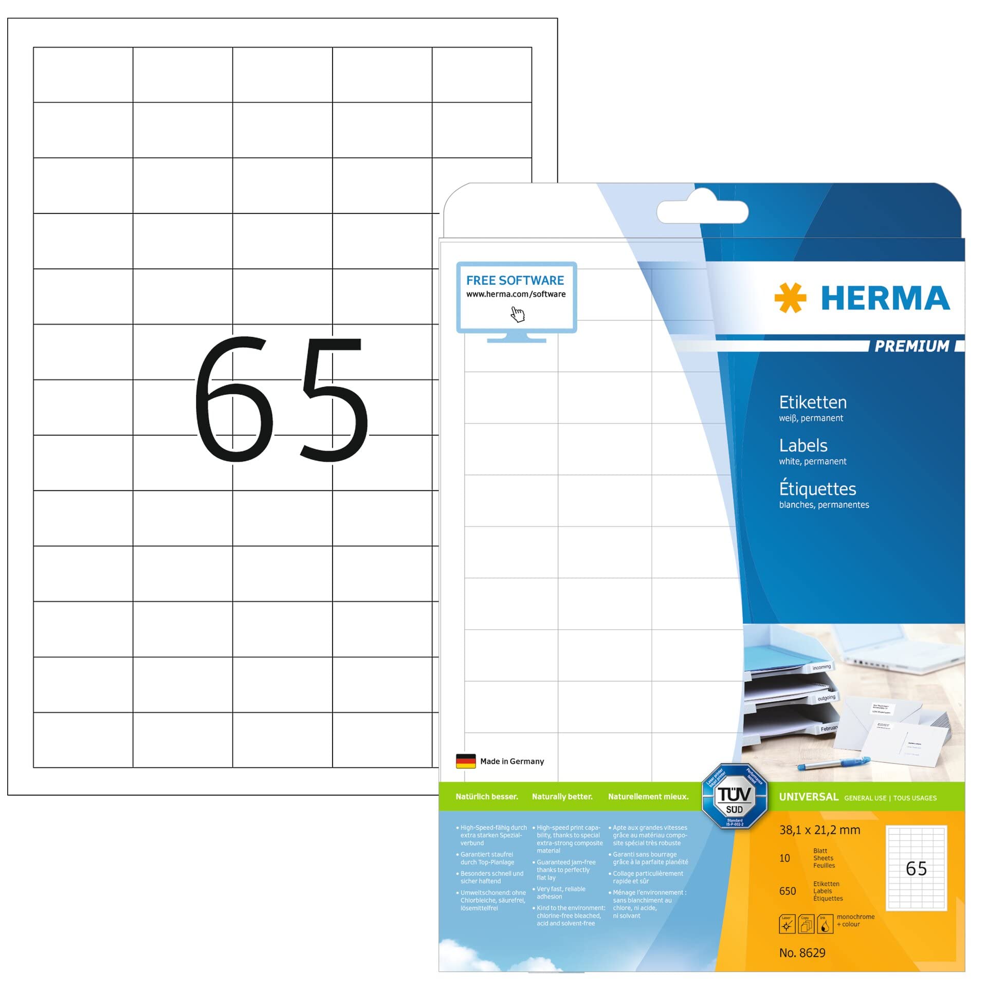 HERMA 8629 Labels Premium A4 38,1x21,2 mm white paper matt 650 pcs.