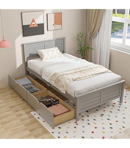 Giantex Twin Platform Bed Frame With Headboard – Solid Wood, Mid-Century Design, No Box Spring Needed, White