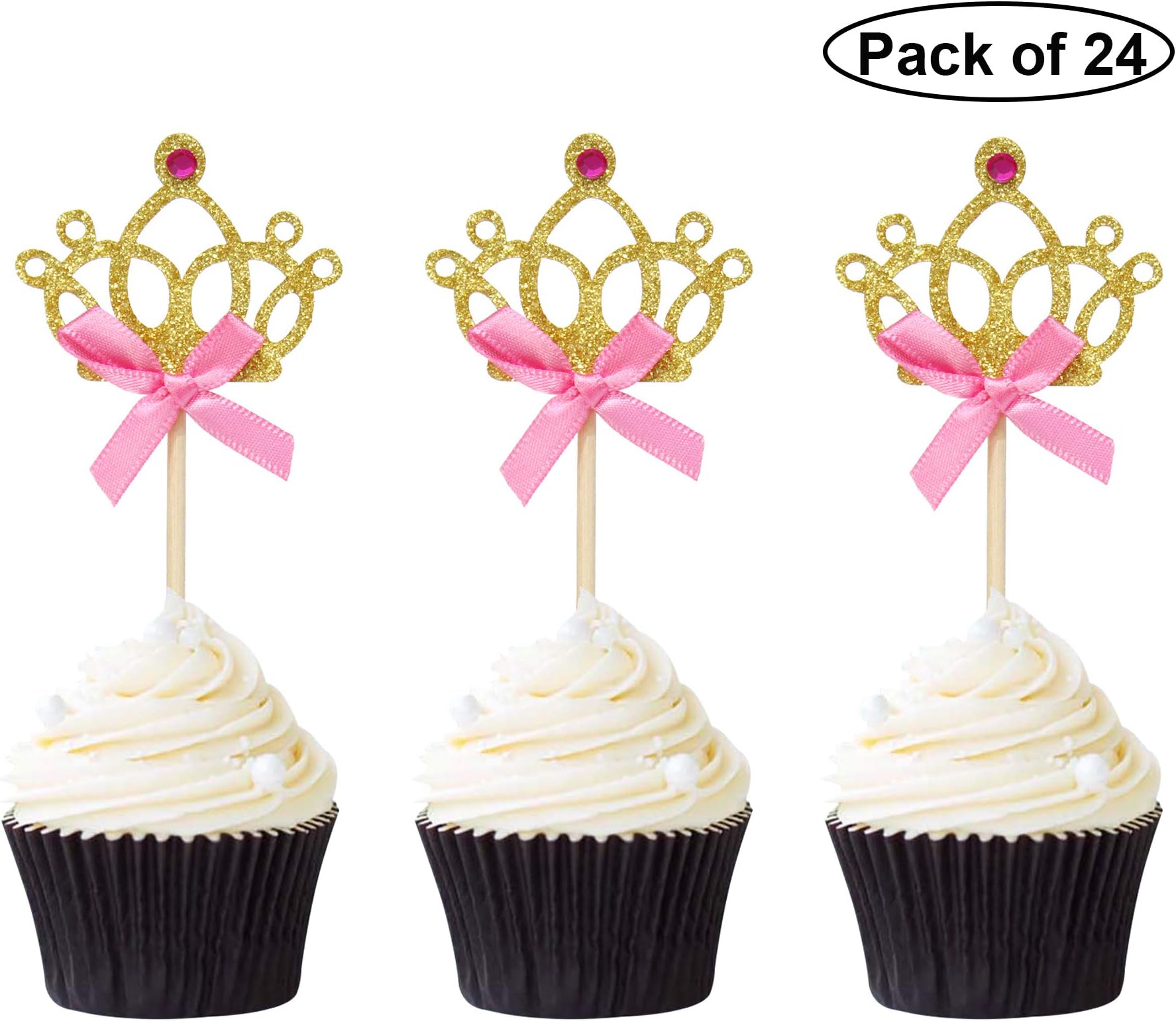 24 PCS Gold Glitter Crown Cupake Toppers with Red Bow Party Birthday Cake Decoration Picks