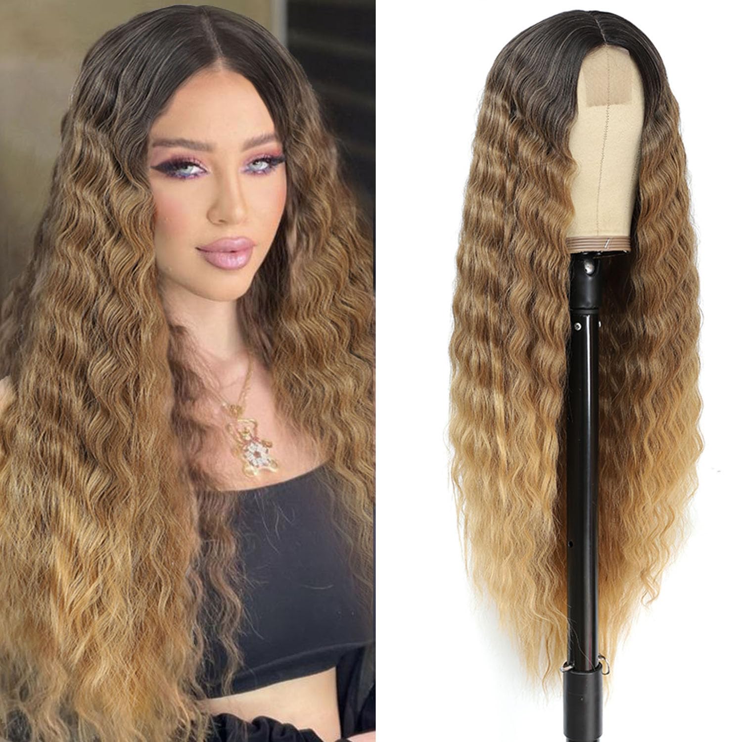 Photo 1 of 30 Inch Ombre Honey Blonde Wig Long Curly Synthetic Hair Wigs Small Lace Front Wigs for Women Loose Deep Wave Wig 4" Simulated Scalp Middle Part Natural Looking Crimps Curls Hair Replacement Wigs