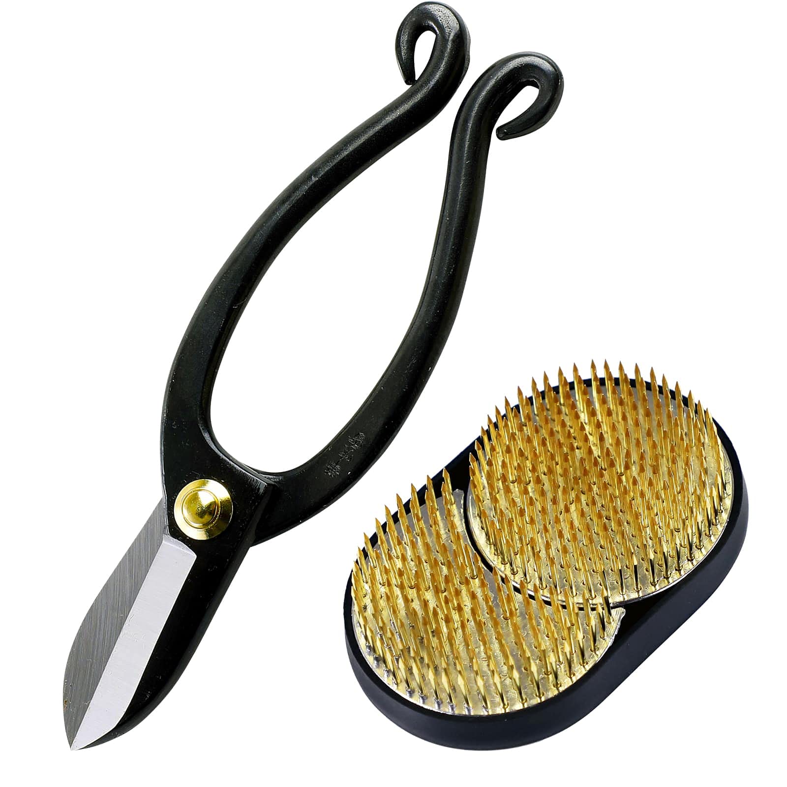 Wazakura 2PCS Japanese Ikebana Essential Tool Set MADE IN JAPAN, Floral Arrangement Kit - Ikenobo Scissors + Sun and Moon Kenzan Flower Metal Pin Holder