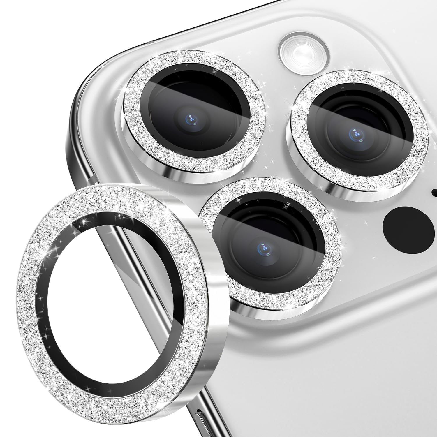 CloudValley for iPhone 16 Pro/iPhone 16 Pro Max Camera Lens Protector Bling, [Glitter Decoration] Ultra-HD Tempered Glass Cover, Metal Lens Screen Protective Ring Accessories,White Titanium