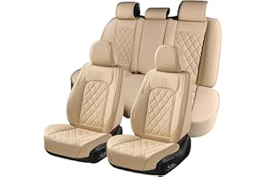 Coverado Car Seat Covers Full Set, Luxury Faux Leather Waterproof Seat Cover, 5 Seat Universal Seat Covers for Cars, Front and Back Car Seat Protector, Beige Leather Seat Cover Fit for Most Cars