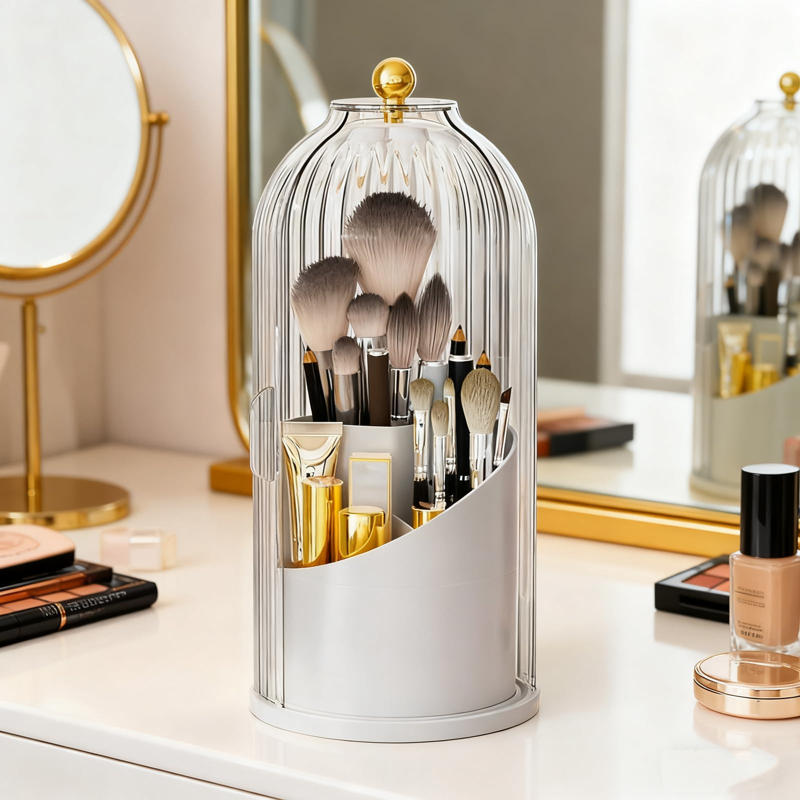 Primst Makeup Brush Organizer, Rotating Makeup Brushes Storage with Lid, Cosmetic Tools Organizer for Vanity Desktop Bathroom Countertop (White)