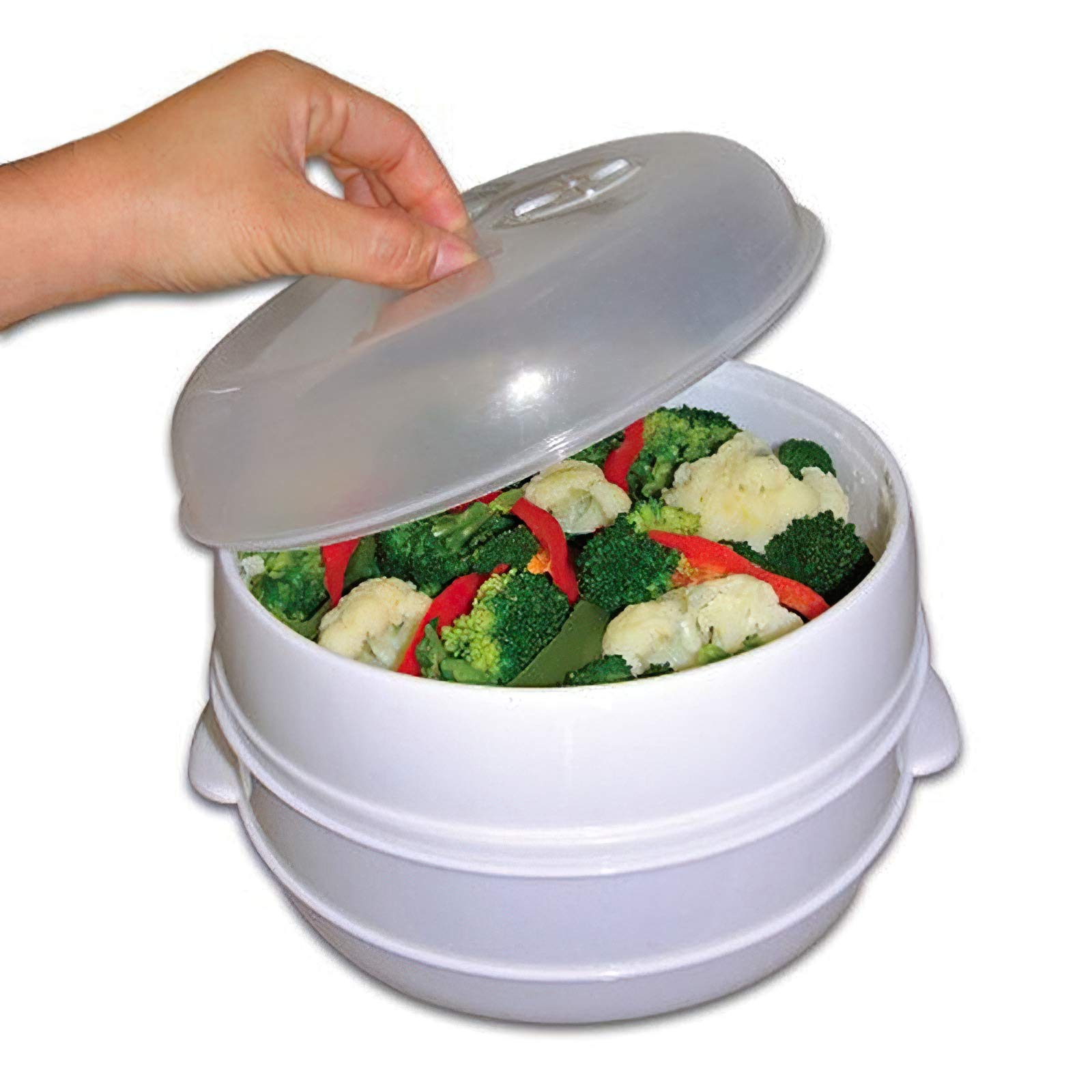 2-Tier Vegetable Steamer - White, Microwave-Safe Pan w/Lid | Cooking Pots & Pans