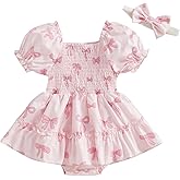 Baby Girl Outfit Short Sleeve Square Neck Smocked Bow Print Bubble Romper Dress Infant Newborn Girls Clothes Spring Summer