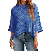 Saodimallsu Womens Cable Knit Cropped Sweaters Oversized 3/4 Sleeve Crew Neck Fall Casual Pullover Tops