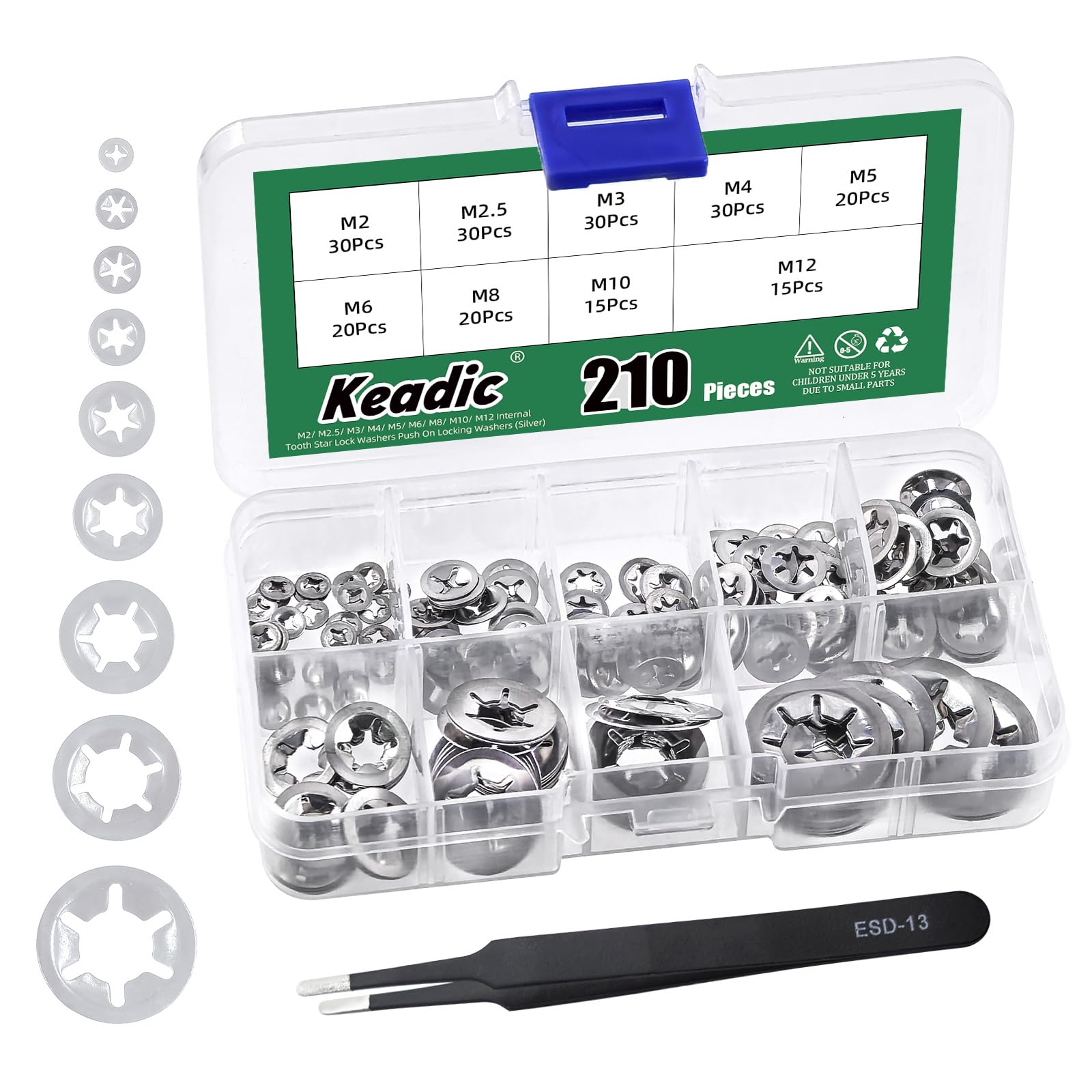 Keadic 211Pcs M2 M2.5 M3 M4 M5 M6 M8 M10 M12 Internal Tooth Star lock Washers Assortment Kit, 304 Stainless Steel External Star Lock Washer, Retaining Clips Fasteners Push Nuts for Shafts