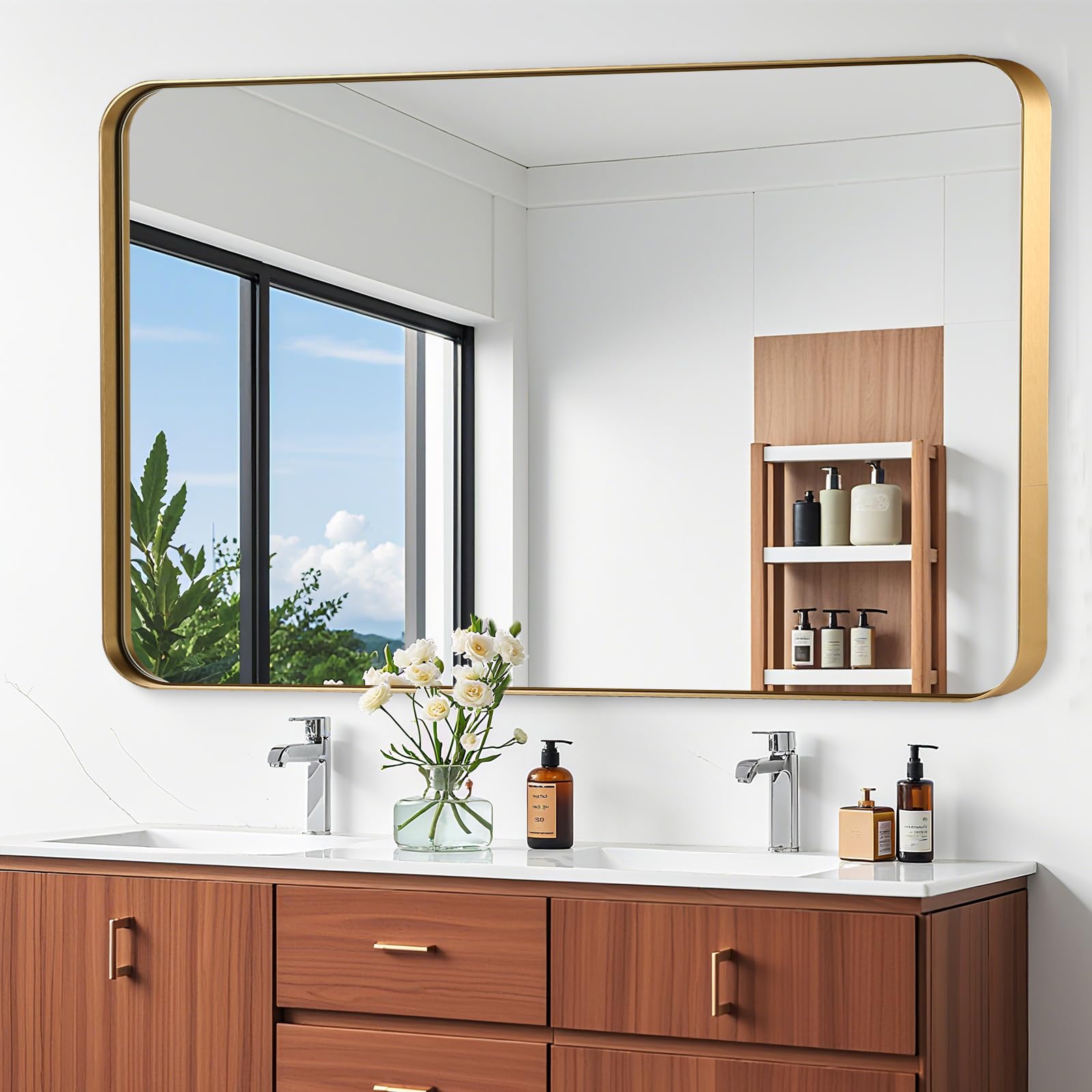 Photo 1 of JENBELY 48x30 Inch Gold Bathroom Mirror, Brushed Metal Framed Rectangle Mirror with Rounded Corner, Gold Bathroom Vanity Mirror for Bedroom or Living Room, Horizontal/Vertical