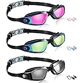 Flutesan 3 Pack Swimming Goggles No Leaking Silicone Anti Fog Swim Glasses with Nose Clip Ear Plugs Adult Kids Pool, 3 Colors