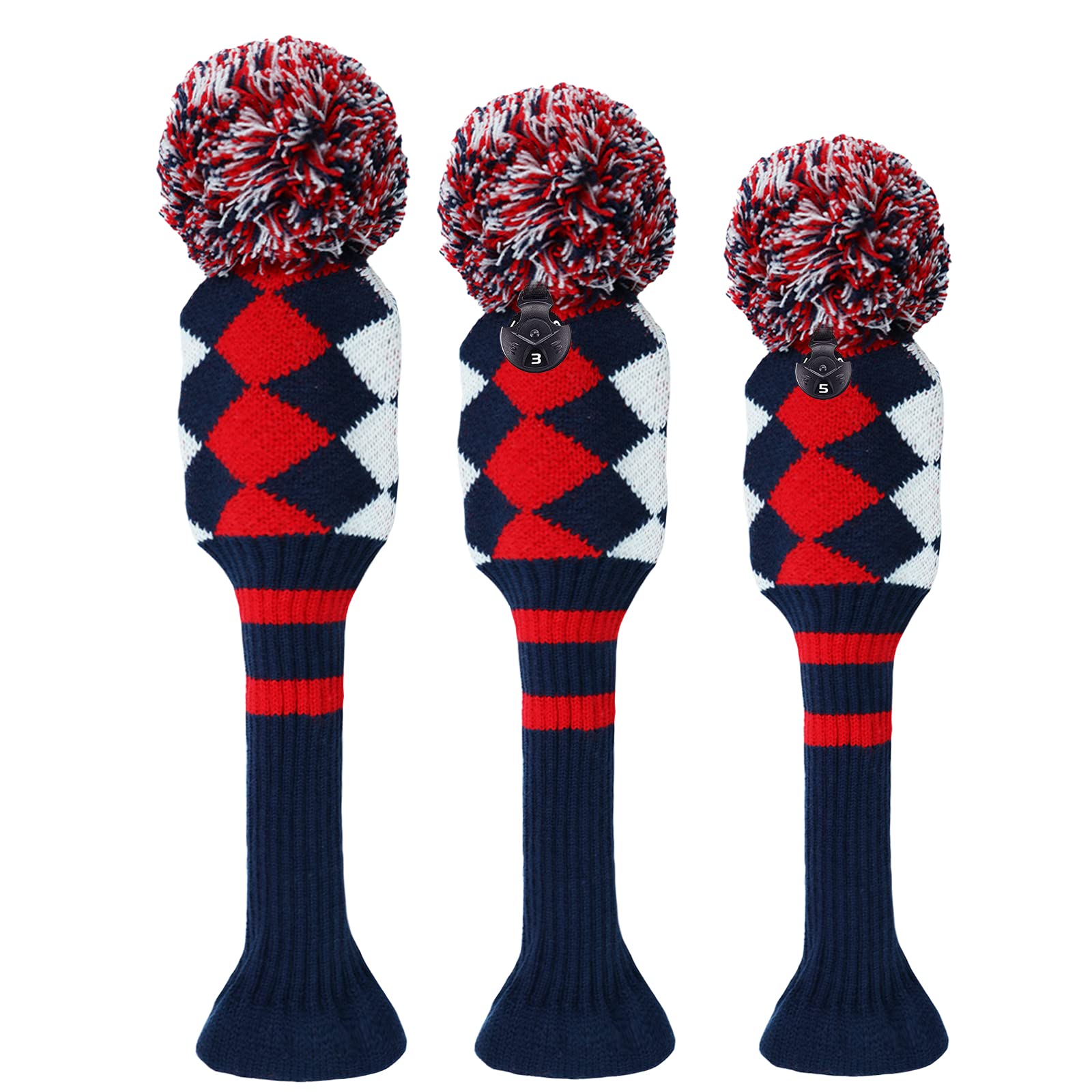 3 or 4 Pack Pom Golf Head Covers for Woods 1 3 5 Driver Fairway Hybrids Wood HeadCovers Set with Number Tag Knitted Golf Head Covers (Red 135)