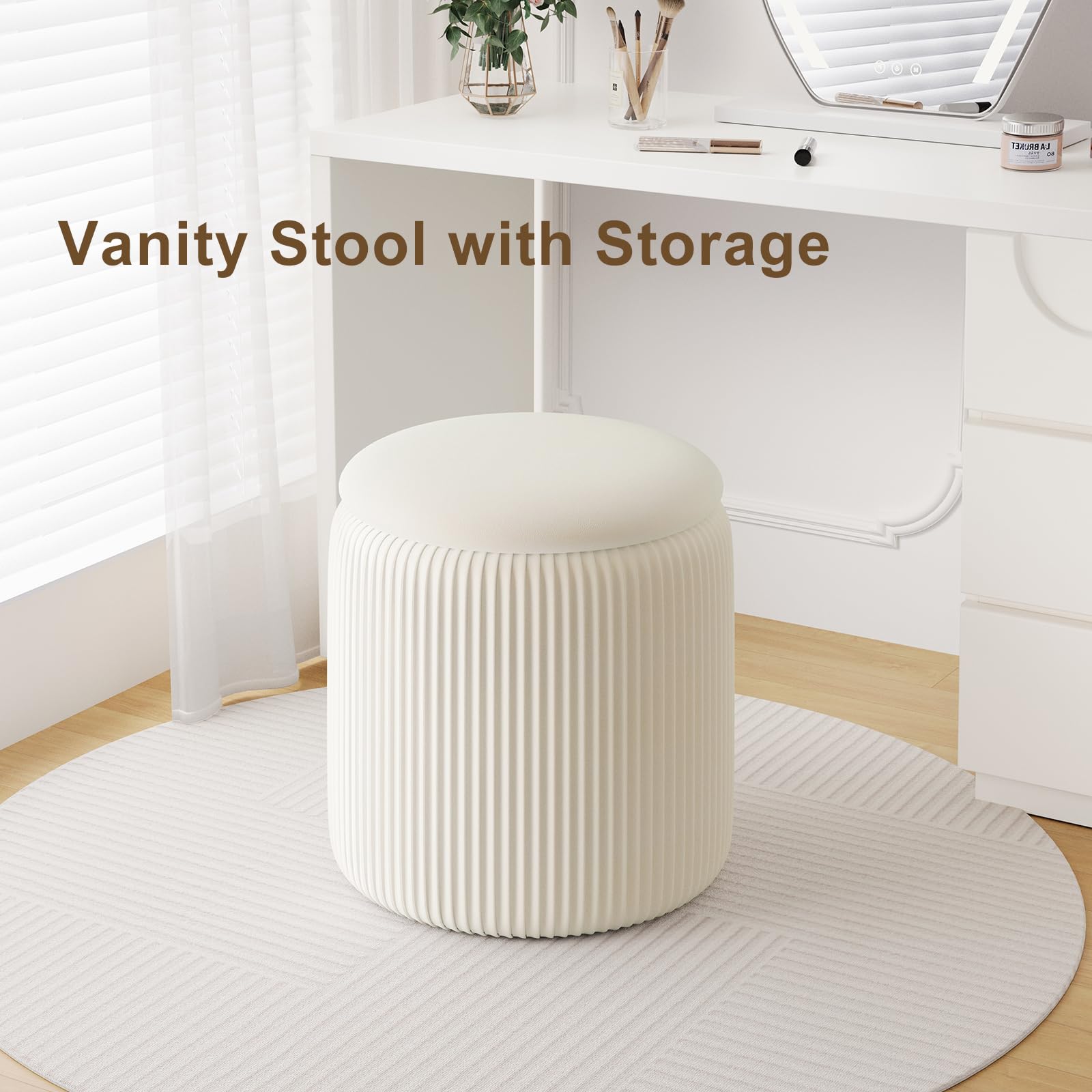 Round Ottoman with Storage Set of 2, White Vanity Stool, Upholstered Velvet Storage Ottomans, Makeup Chair Seat for Bedroom, Small Pouf Footstool for Living Room - Image 3