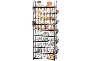 Tall Shoe Rack 10 Tier Shoe Racks for Entryway 30-35 Pairs, Shoe Storage Metal Shoe Shelf with 5 Hooks and Pocket,Sturdy Shoe