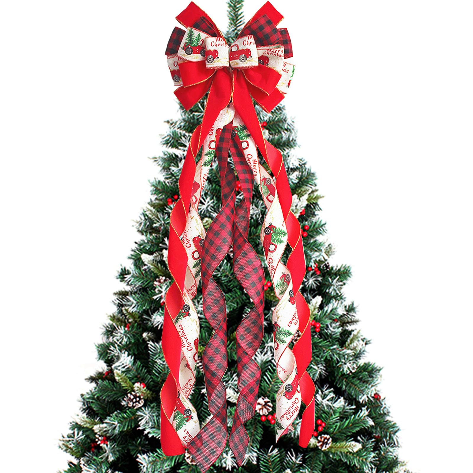 YankMooM Red Christmas Tree Topper Bow, 110 x 30cm Large Christmas Tree Bow for Christmas Tree Home Decoration