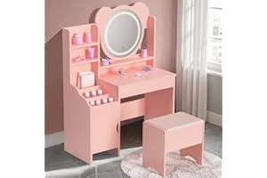 QIFEILA Kids Vanity, 2 in 1 Princess Kids Vanity Table and Chair Set with LED Bear-shaped Mirror, 3 Compartments,Storage Shelves&Cabinet, Wooden Toddler Vanity Dressing Table, Vanity for Girls 5-7(Pink)