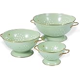 Metal Colander Set of 3, Strainer Basket with Handles perfect for Spaghetti, Pasta, Berry, Vegetable, Fruit, Solid Base Powder Coated Kitchen Essential Strainer Set, 1 &amp; 3.5 &amp; 5 Qt (Green)