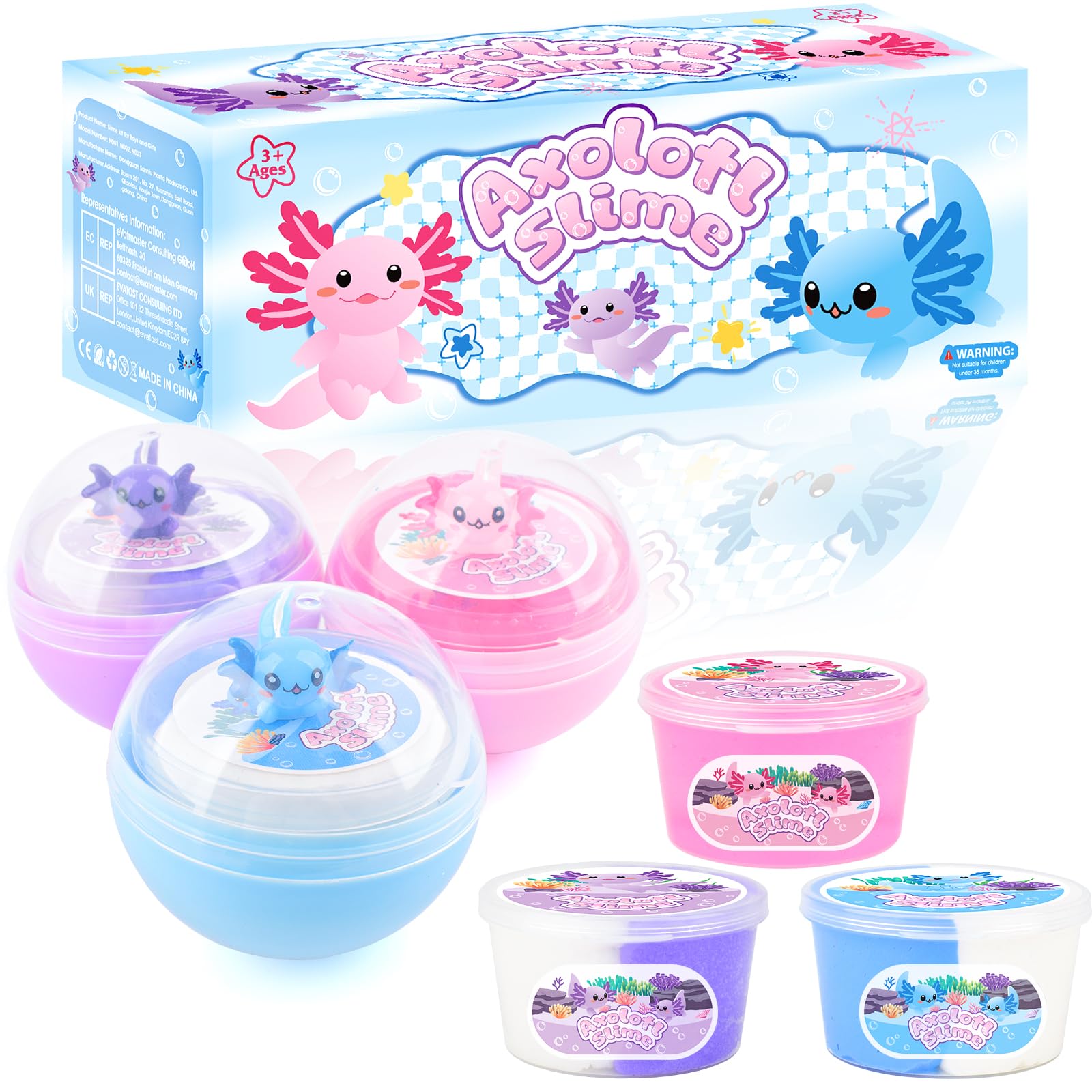 3 Pack Axolotl Slime Kit, Blue Butter Slime and Purple Cloud and Pink Crunchy Slime with Axolotl Charms, Soft & Stretchy, Birthday Gift for Kids, Classroom Reward, Party Favor for Girls & Boys