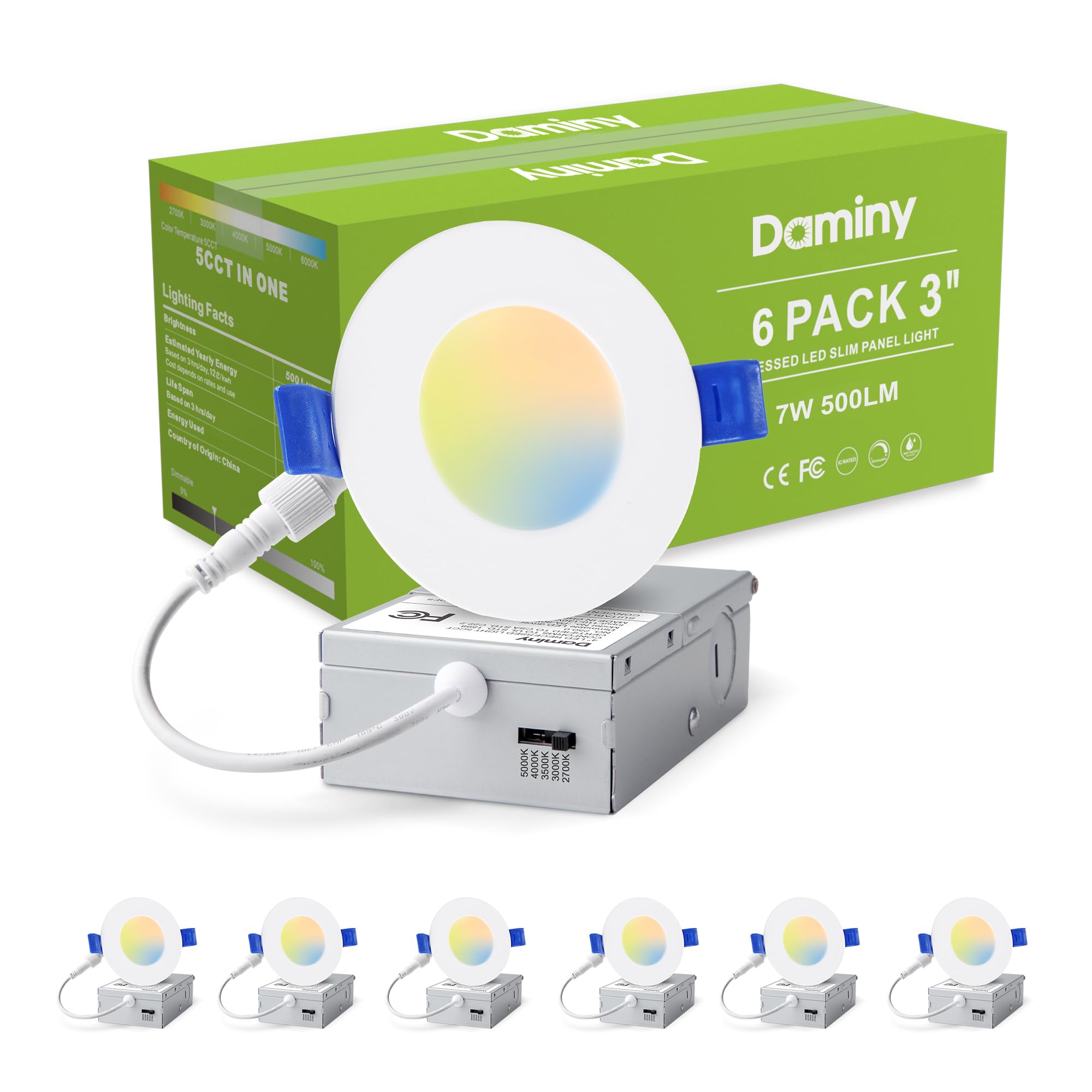 DAMINY 6 Pack 3 Inch LED Recessed Lighting with Junction Box,5CCT,Ultra-Thin Recessed Light,7W 500LM, Dimmable Canless Wafer Ceiling Light, High Brightness Image