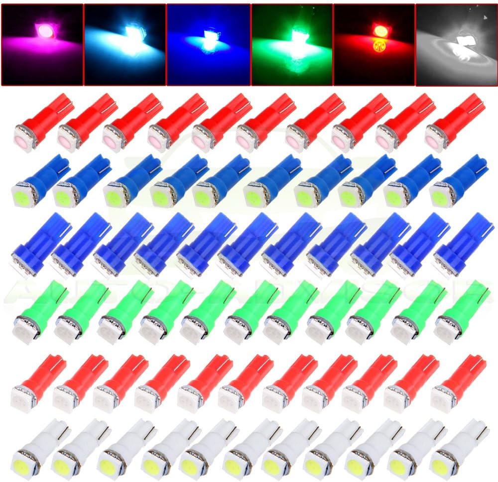 Frontl T5 LED Dash Light Bulbs 5050-SMD Multi-color 74 73 79 LED Bulbs Instrument Panel Gauge Cluster Indicator Lights,60Pack