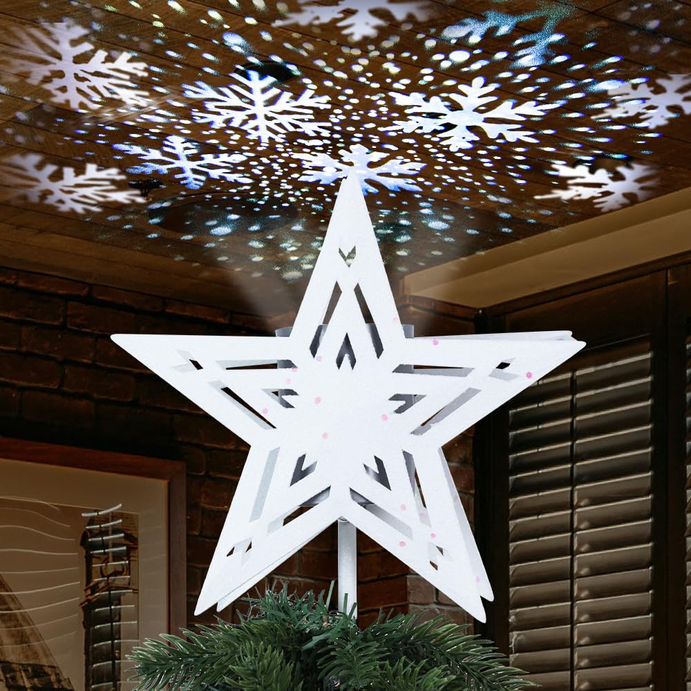 Photo 1 of YEAHOME Christmas Tree Topper, White 3D Lighted 5-Point Star Tree Topper with Snow-White Snowflake Projector for Christmas Treetop, Lights Xmas Tree Topper for Christmas Tree Decorations