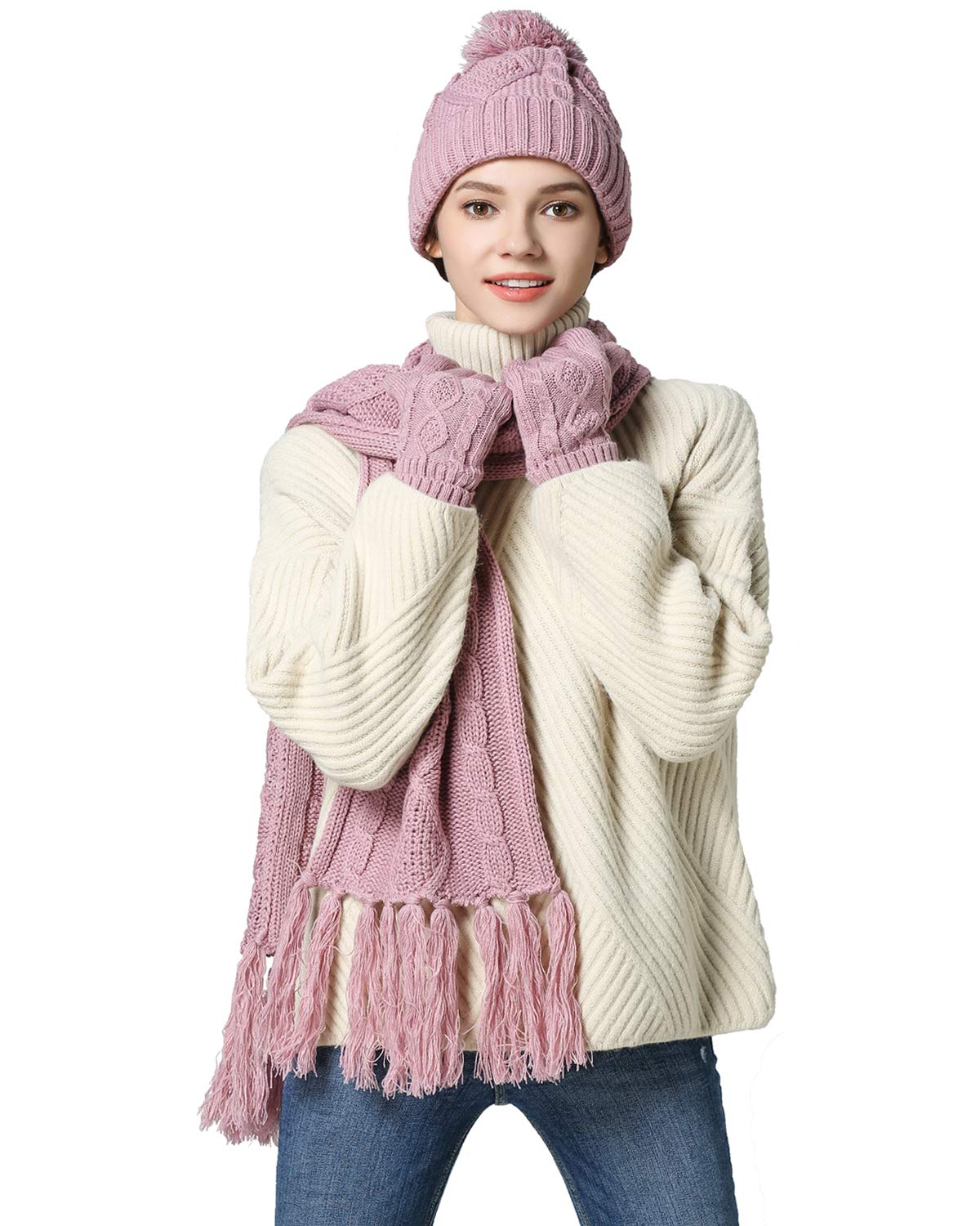 SHADDOCK Scarf Hat Glove Set-Soft Stretch Warm Thick Cable Knit Hat Cap Beanie Mitten Scarf Touchscreen Gloves Fashion 3 in 1 Winter Cold Gift Set (Pink-Purple)