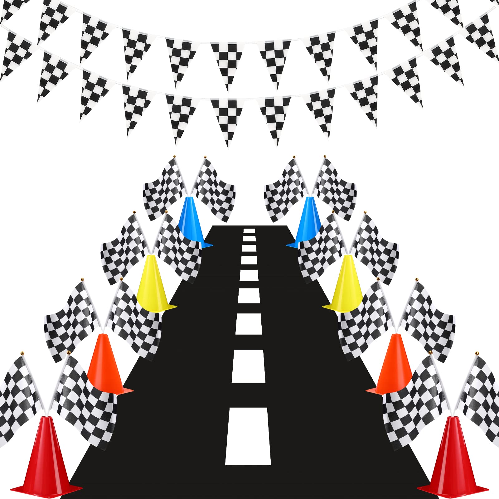 Photo 1 of Skylety Traffic Cones and Racing Checkered Flags Set-include 12 Plastic Traffic Cones,12 Flags with Sticks,31 ft Checkered Pennant Banner and 9.8 x 2 ft Racetrack Floor Running Mat(Multicolored)