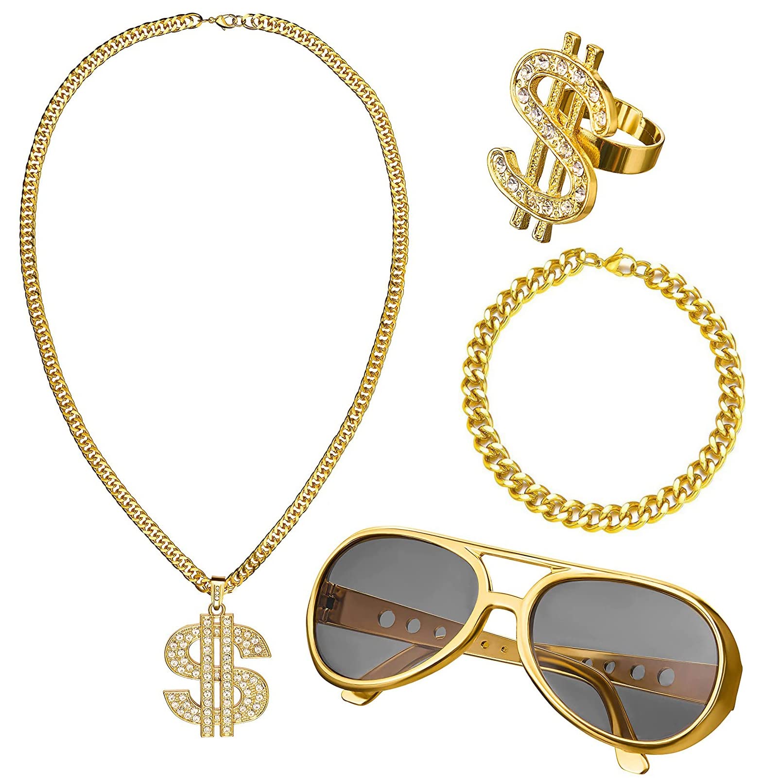 HPMAISON 4PCS Hip Hop Punk Cosplay Costume Kit 80s/90s Rapper Sunglasses Dollar Sign Necklace Rings Bracelet Gold Chain Disco Outfit for Men Women Fancy 2000s Fancy Dress Party Accessories — image 1