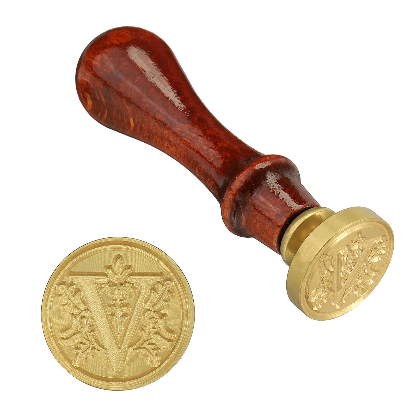 PATIKIL Letter Wax Seal Stamp, Alphabet V Wooden Handle 25mm Removable Retro Brass Head Classic Sealing Stamp for Envelope Invitation Card Wedding Gift Decoration
