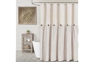XOGUIBO Farmhouse Shower Curtain Linen Beige Button Woven Fabric Country Rustic Western, Pleated Brown Stripe 72" W x 72" L