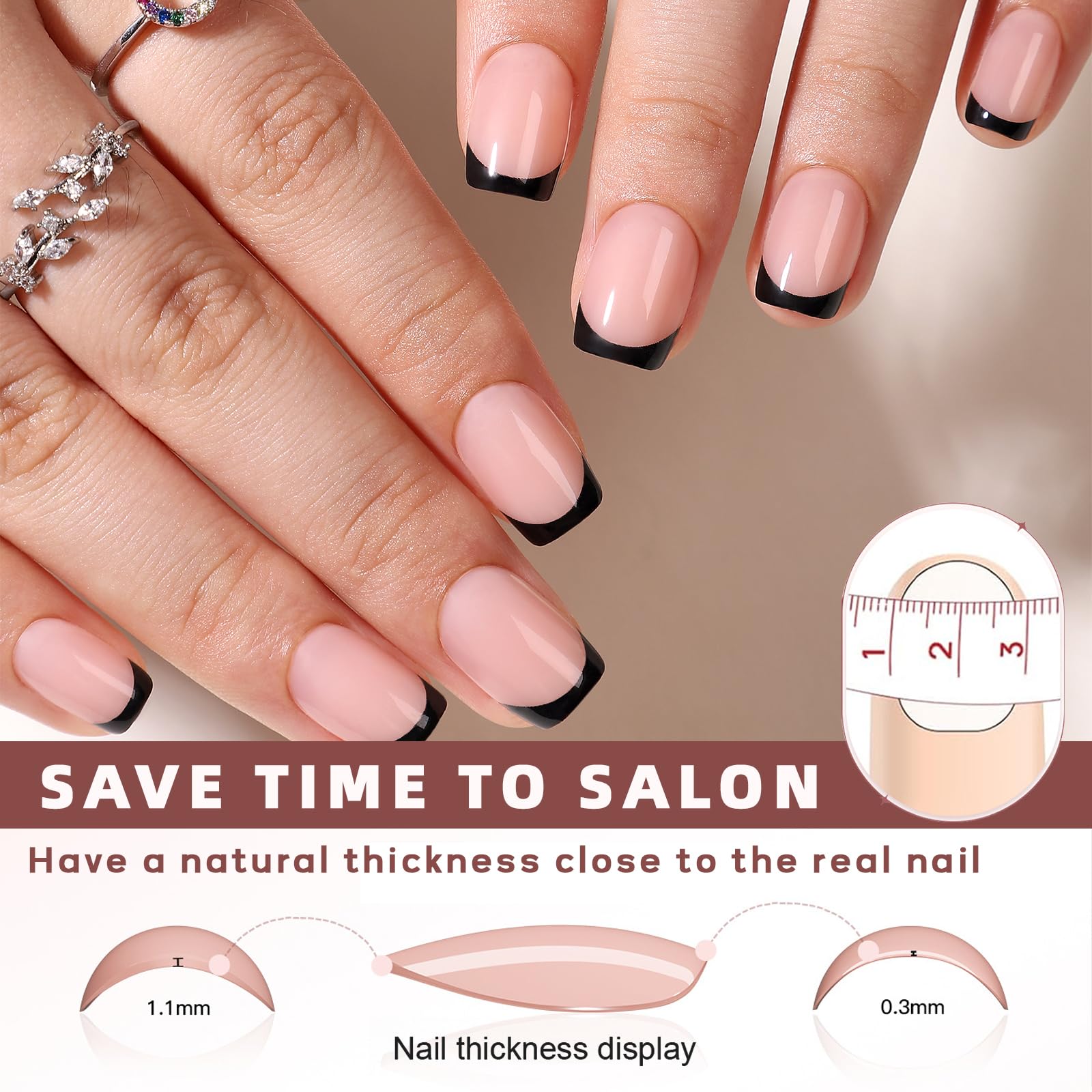 CUZIAM Press On Nails Black French Tip, 32pcs 16 Sizes Short Square Press on Nails for Women Girls, Natural Nude Stick on Nails Reusable Glossy Soft Real Salon Manicure with Nail Glue-Black French - Image 5