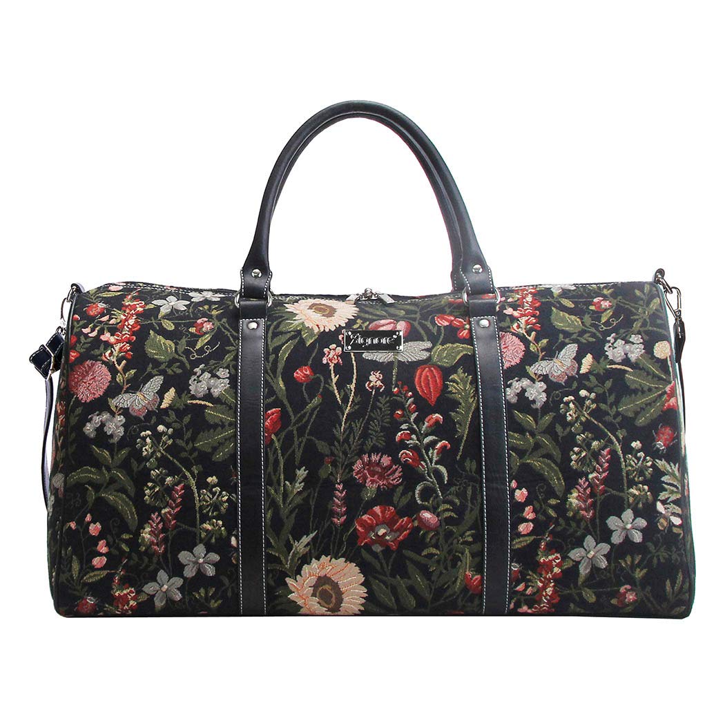 Signare Tapestry Large Duffel Bag Overnight Bags Weekend Bag for Women with Garden Design with Black Backdrop (BHOLD-MGDBK)