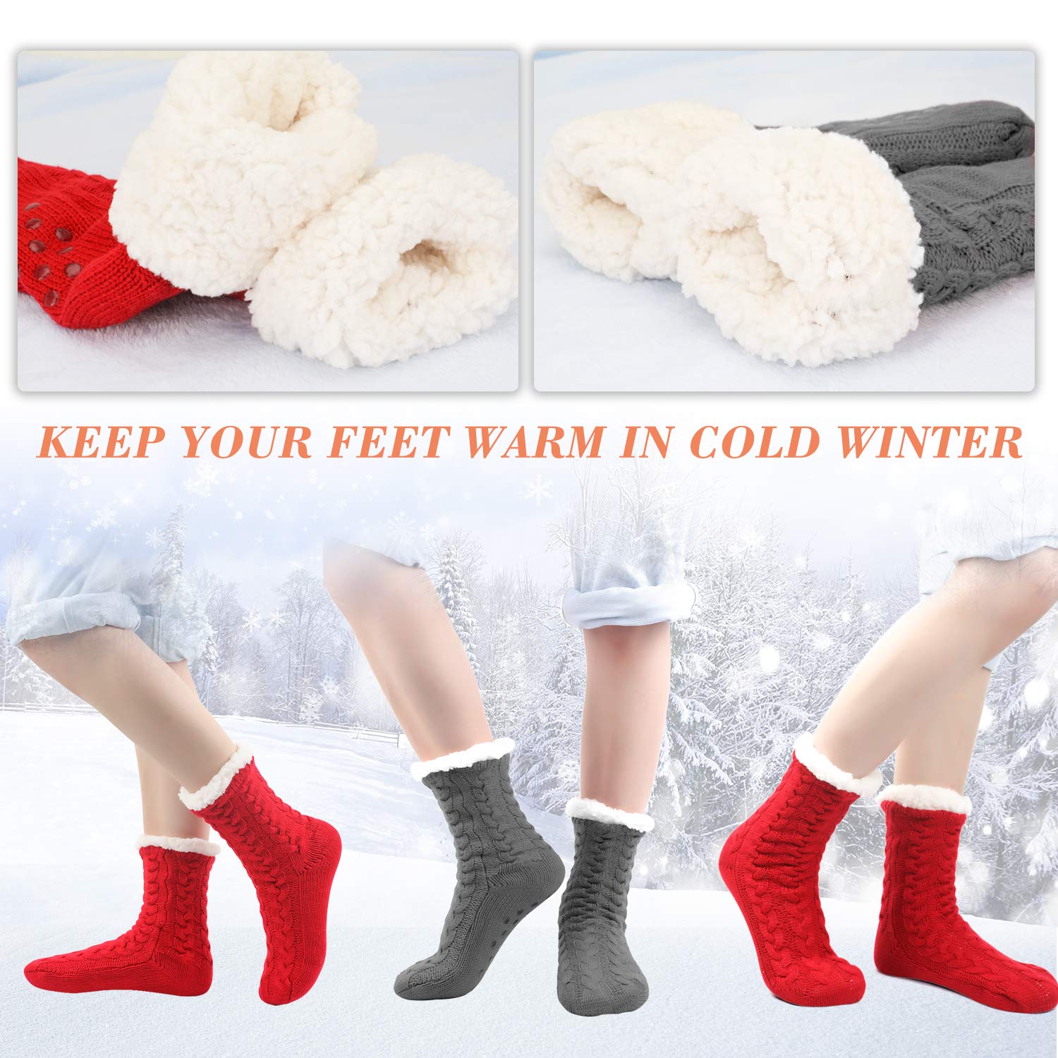 2 Pairs Women Fleece Lined Socks Cozy Fuzzy Winter Twist Slipper Socks with Gripper