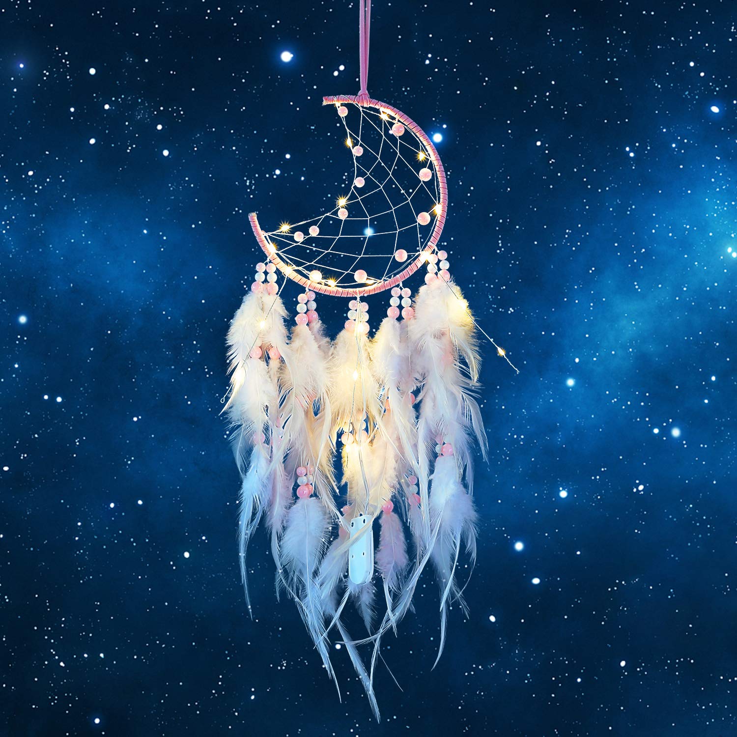 Hongyans LED Moon Dream Catcher, Handmade Dream Catcher with Feather Light Up Dreamcatcher for Bedroom Wedding Wall Hanging Decoration Ornaments Girls Kids Birthday Gift Blessing Gift