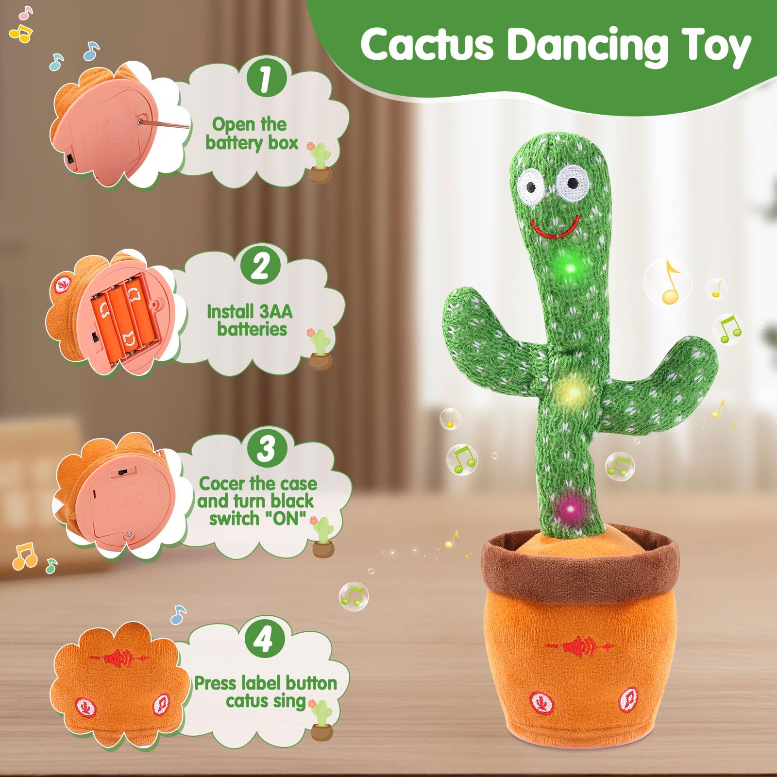 MIAODAM Dancing Talking Cactus Toy for Baby Toddler, Colorful Glowing Repeating What You Say, Singing Talking Toy 120 Pcs Songs for Baby Dancing Cactus Mimicking Toys