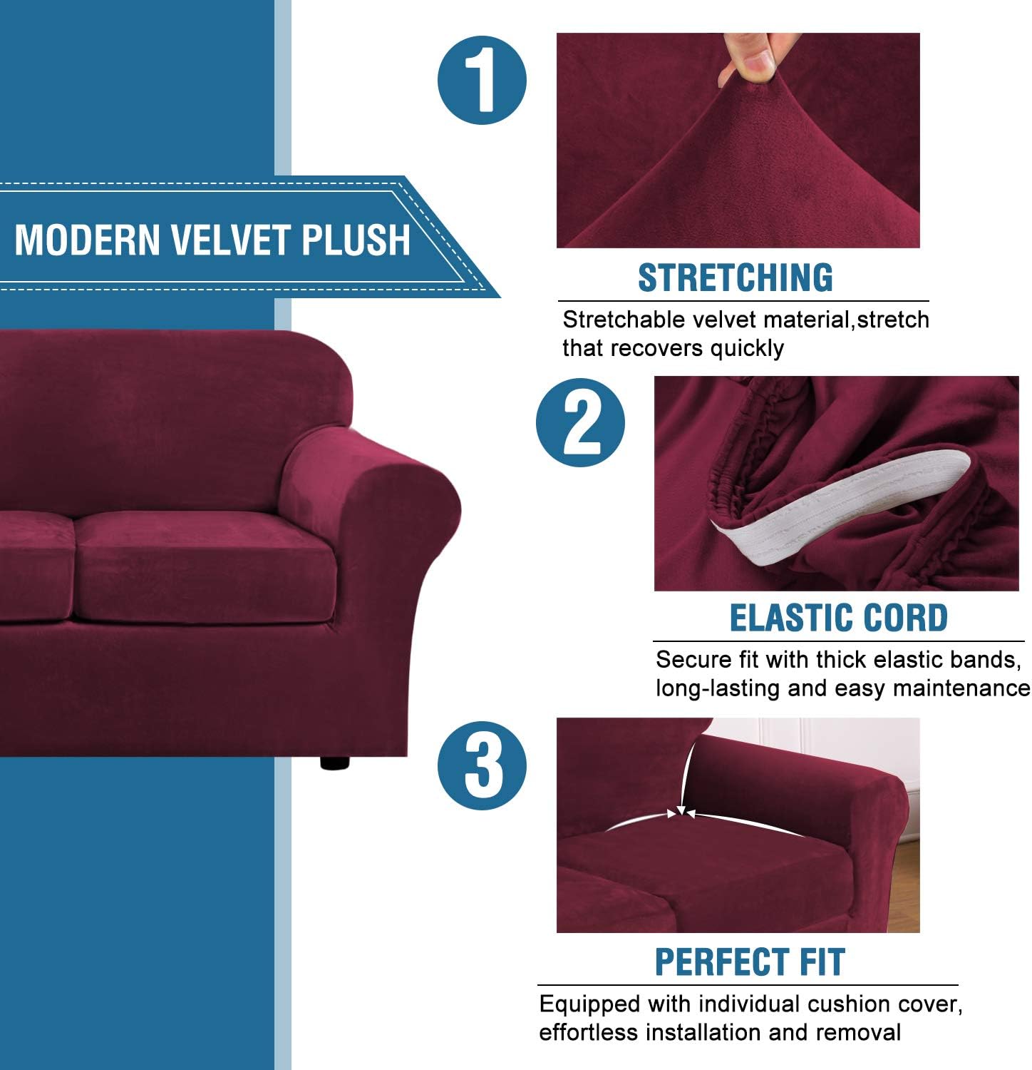 H.VERSAILTEX Modern Velvet Plush 4 Piece High Stretch Sofa Slipcover Strap Sofa Cover Furniture Protector Form Fit Luxury Thick Velvet Sofa Cover for 3 Cushion Couch, Machine Washable(Sofa,Gray): Home & Kitchen